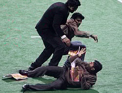 Hindu Sena activists protesting against Pakistan during the Delhi Waveriders and Punjab Warriors inaugural match of Hockey India League at Major Dhyanchand Stadium in New Delhi on Monday. PTI