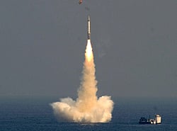 India's missile, BO5 being launched from an approximate depth of about 50 metres, from India's indigenously made nuclear-powered submarine bINS Arihant, at Bay of Bengal on Sunday. PTI
