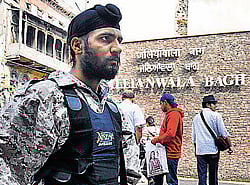 Punjab Police personnel deployed for the security of British Prime Minister David Cameron outside Jallianwala Bagh in Amritsar on Tuesday. PTI