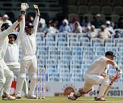 Indian cricket players appeal a successfully wicket for Australia's David Warner during the first test match at MA Chidambaram Stadium in Chennai on Friday. PTI Photo