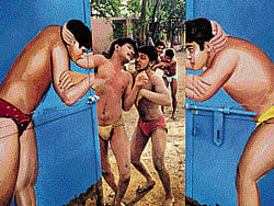 Wrestlers through the painted gate, Paharganj, Delhi, India, 2009.  Raghu Rai/TASVEER