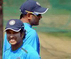 Hyderabad: Sachin Tendulkar and MS Dhoni during a practice session in Hyderabad on Thursday ahead of the second cricket test match against Australia. PTI Photo
