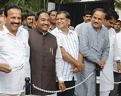Chief Minister Sadananda Gowda, MP Ananth Kumar, Deputy CMs Eshwarappa and R Ashok and other BJP leaders after the Core Committee Meeting with senior leader Arun Jaitley in Bengaluru on Saturday. PTI Photo