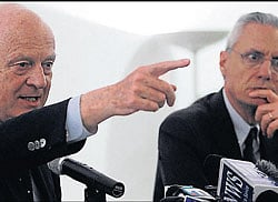 Italys Deputy Foreign Minister Staffan de Mistura (L) and Italian Ambassador to India Daniele Mancini address a press conference in New Delhi on Friday. PTI