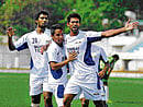 JUBILANT  Mumbai&#8200;Tigers Bikash Jairu (centre) celebrates with team-mates Mohammed Rafi (right) and Dada Nabeel after scoring against SUFC&#8200;on Friday. DH PHOTO/ KISHOR&#8200;KUMAR&#8200;BOLAR