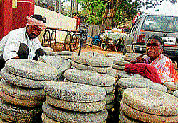 Jagadish is trying to give a new lease of life to grinding stones, which are on the verge of extinction, in Hunsur.  dh photo