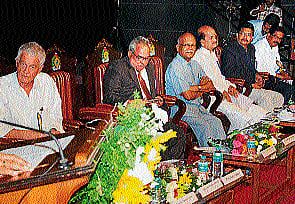 Central University (Kerala) Vice Chancellor Prof Jancy James speaks at an international conference on Rethinking Bhakthi organised by the Kanakadasa Research Centre of Mangalore University on Wednesday. Litterateur Prof Hampa Nagarajayya, Mangalore University VC Prof T C Shivashankaramurthy, Saxophone artiste Kadri Gopalnath and others look on.