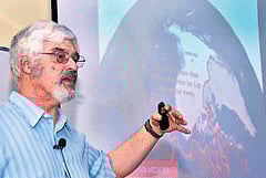 Professor at University of Montana, Steven Running ,delivers the fifth Jeremy Grantham lecture on climate change, at IISc on Wednesday. DH Photo