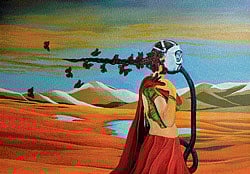 In artist Giriraj Singh's painting, the veil is like an oxygen mask for the woman through which she is expected to breathe to survive.