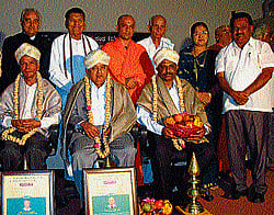 Vice-chancellors M&#8200;G Krishnan, B Thimmegowda and H C Boralingaiah were felicitated at a programme held in Mandya, on Friday. DH PHOTO