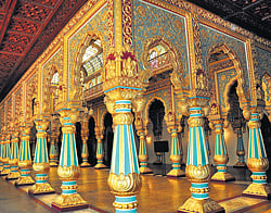Restoration work on: The golden glory of the private durbar in Ambavilas Palace is all set to be restored by skilled  artisans. dh photo
