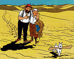 Adventure calling Tintin with Captain Haddock and his dog Snowy.