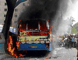 A BMTC bus caught fire after a short circuit in its engine near Yeshwantpur bus stand on Thursday. DH Photo