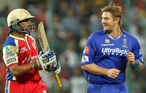 Rajasthan Royals Shane Watson celebrates the wicket of T Dilshan of Royal Challengers Bangalore during IPL 6 match at Chinnaswamy Stadium in Bengaluru on Saturday. PTI Photo