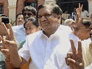 Karnataka Chief Minister Jagadish Shettar along with his wife Shilpa Shettar and BJP state president Prahlad Joshi after filing his nomination papers from Hubli Dharwad central constituency, in Hubli . PTI