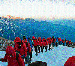 Tribal students trekking on the sub zero temperatures over 'Sar Pass' in Himalayan range. (pic by spl arrangement)