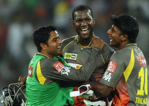Sunrisers Hyderabad's batsman D Sammy celebrates with teammates victory over Kolkata Knight Riders in an IPL 6 match in Hyderabad on Sunday. PTI Photo