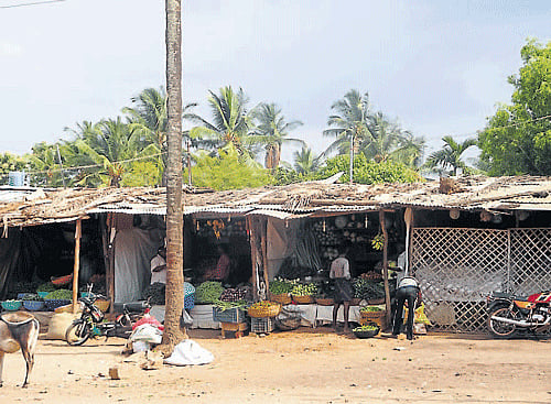 waiting for upgradation : Temporary structures built for selling vegetables near a school adjacent to National Highway in Tarikere. (Right) Newly built commercial complex near the private bus stand in Tarikere. dh photos
