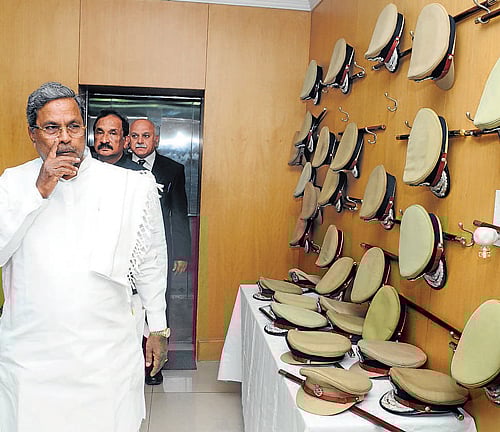 Chief Minister Siddaramaiah arrives to attend a review meeting of the Police Department in Bangalore on Thursday. DH Photo