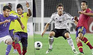 Going with the flow: LEFT : Rafinha Alcantara (right) is making his mark in Brazil U-20 colours while his brother Thiago (extreme right) has already made his appearance for Spain in the senior ranks. Both came through the famous La Masia academy of Barcelona. AFP