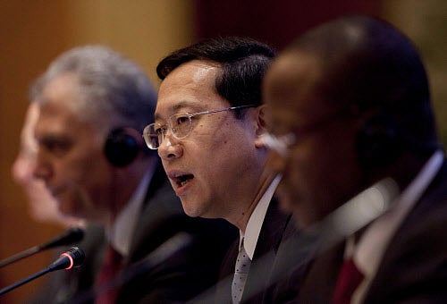 Chinese Assistance Foreign Minister Ma Zhaoxu, center, delivers a speech along with Palestinian envoy Bassam al-Salhi, left, and Abdou Salam Diallo, right, chairman of Committee on the Exercise of the Inalienable Rights of the Palestinian People, during the opening session of the United Nations international meeting in support of Israeli-Palestinian peace in Beijing Tuesday, June 18, 2013. AP Photo