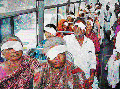 Villagers of Beevuru Milanayakana Hosalli of Channapatna taluk are ferried to their village after they successfully underwent cataract surgeries.