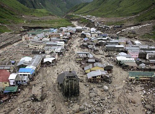 A view of the washed off buildings area near Kedarnath Dham in Uttarakhand on Tuesday following incessant rains and floods. PTI Photo