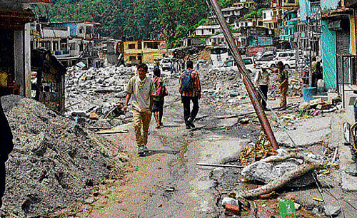 A damaged road at Sonprayag on way to Kedarnath on  Sunday. PTI