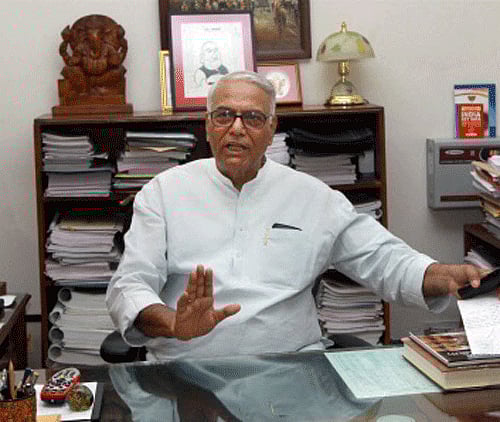 BJP leader Yashwant Sinha speaks to a media at his residence in New Delhi on Sunday. PTI Photo.
