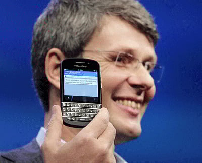 FILE - In this Wednesday, Jan. 30, 2013,file photo, Thorsten Heins, CEO of Research in Motion, introduces the BlackBerry Z10, in New York. Research in Motion Ltd. reports quarterly financial results before the market opens on Friday, June 28, 2013. AP photo