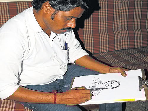 Realist artist K Laxminarayan (inset) busy sketching an artwork.