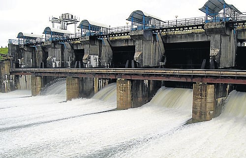 Water gushing out of the five crest gates at Yagachi reservoir in Belur, that were opened on Thursday. About 2,000 cusecs of water was discharged into the river. dh photo