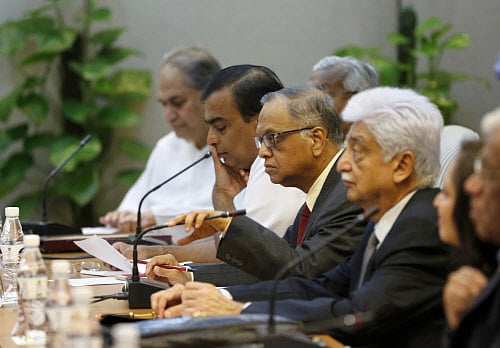 File - IT captains Azim Premji and Narayana Murthy with other Indian business leaders. AP