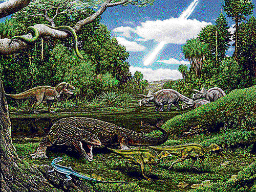 new species In the foreground, lizard Palaeosaniwa chases two young Edmontosaurus, as lizard Obamadon (left) looks on. (Artwork by carl buell)