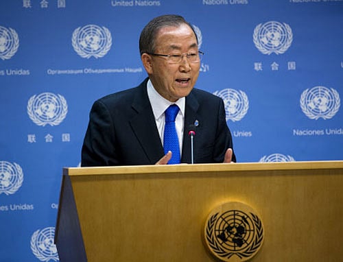 United Nations Secretary-General Ban Ki-moon addresses members of the news media Monday, Sept. 9, 2013, at the United Nations. Ban is urging Syria to immediately agree to transfer chemical weapons and chemical precursors to a safe place within the country for international destruction. AP Photo