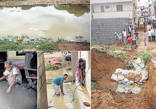 (Clockwise from top left) The Gangaiah Shetty tank in KR Puram. Sand bags have been placed to arrest flow of water in the canal. Residents empty water that entered their houses. DH Photos