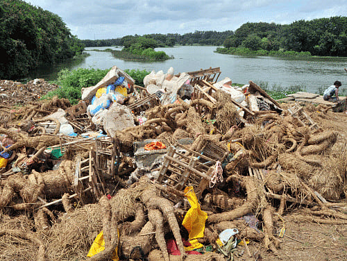 Ganesha idols are piled up at Hebbal Lake in Bangalore. DH photo
