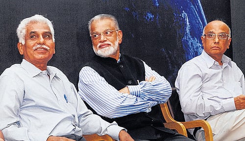 Chairperson of The Institution of Engineers (India) Karnataka State Centre Dr Wooday P  Krishna, chairperson of Aerospace Engineering Division Board-IEI, Prof R M Vasagam, Isro chairperson Dr K Radhakrishnan and former director of National Aerospace Laboratories Dr T S Prahlad at Prof Satish Dhawan Commemoration lecture, in Bangalore on Monday. DH photo