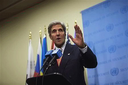 U.S. Secretary of State John Kerry speaks to the media after a meeting of the foreign ministers representing the permanent five member countries of the United Nations Security Council, including Germany, at the U.N. Headquarters in New York September 26, 2013.  Reuters