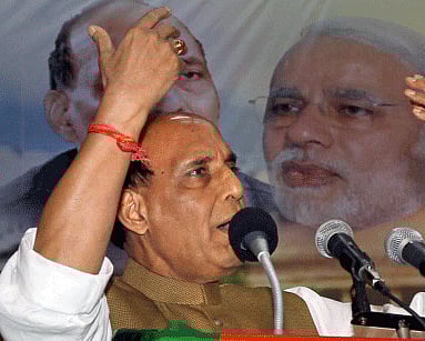 BJP President Rajnath Singh speaks during pledge taking (Sankalp) meeting in Kolkata on Monday. PTI Photo
