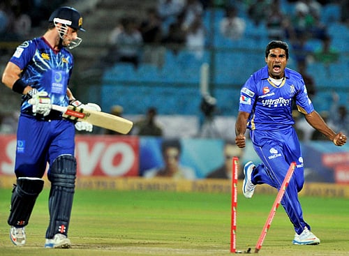 Rajasthan Royals bowler Rahul Shukla celebrates the wicket of Otago batsman Hamish Rutherfor during their CL T20 match in Jaipur on Tuesday. PTI Photo