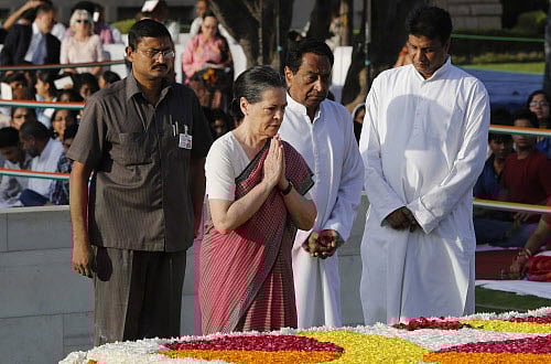 Chief of India's ruling Congress party Sonia pays homage at the Mahatma Gandhi memorial, on the 144th birth anniversary of Gandhi at Rajghat in New Delhi Reuters Image