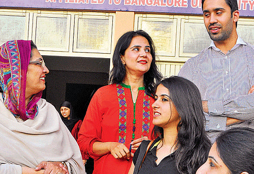 Representatives of the Pakistani delegation engaged in a discussion during their visit to St Aloysius Degree College in Bangalore on Monday. dh photo