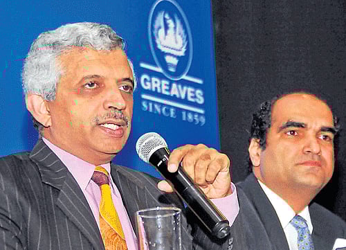 Greaves Cotton MD and CEO Sunil Pahilajani (left) and CEO - Auxillary Power Business Prakash Bhalekar in Bangalore on Saturday. DH Photo/B K Janardhan