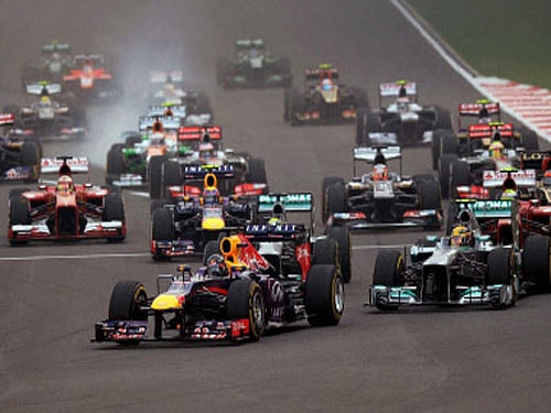 Red Bull driver Sebastian Vettel leads the race during the Indian Formula One Grand Prix at the Buddh International Circuit in Greater Noida on Sunday . PTI Photo