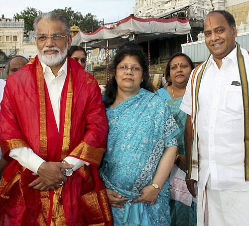 ISRO Chairman K. Radhakrishnan with his wife Padmini visiting the Lord Venkateswara temple at Tirumala in Tirupati on Wednesday after the successful launch of India's first navigation satellite. PTI Photo