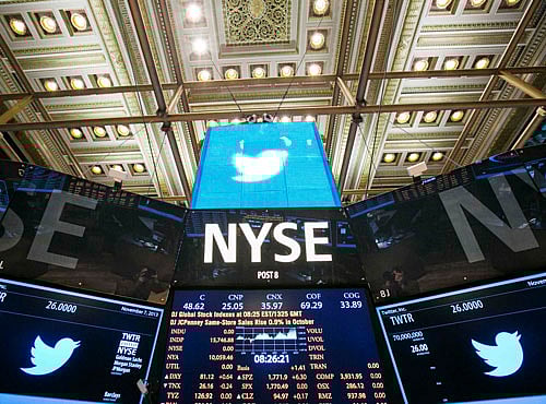 The Twitter Inc. logo is displayed on screens prior to its IPO on the floor of the New York Stock Exchange in New York, November 7, 2013. Twitter Inc shares soared as much as 92 percent on their first day of trading on the New York Stock Exchange, an extraordinary debut that drove the seven-year-old company's value to more than $25 billion and evoked comparisons to the dot-com bubble of the late 1990s. REUTERS