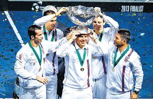 we are the champions: Czech Republic players (from left) Radek Stepanek, Lukas Rosol, Vladimir Safarik, Tomas Berdych and Jan Hajek pose with the Davis Cup after beating Serbia in the final on Sunday in Belgrade. reuters