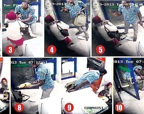 caught on camera: CCTV footage shows the sequence of the vicious attack on Corporation Bank employee Jyothi Uday inside the bank's ATM kiosk near Town Hall in Bangalore on Tuesday.