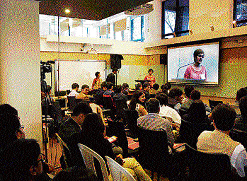 The big idea: A student team makes its presentation at the contest.